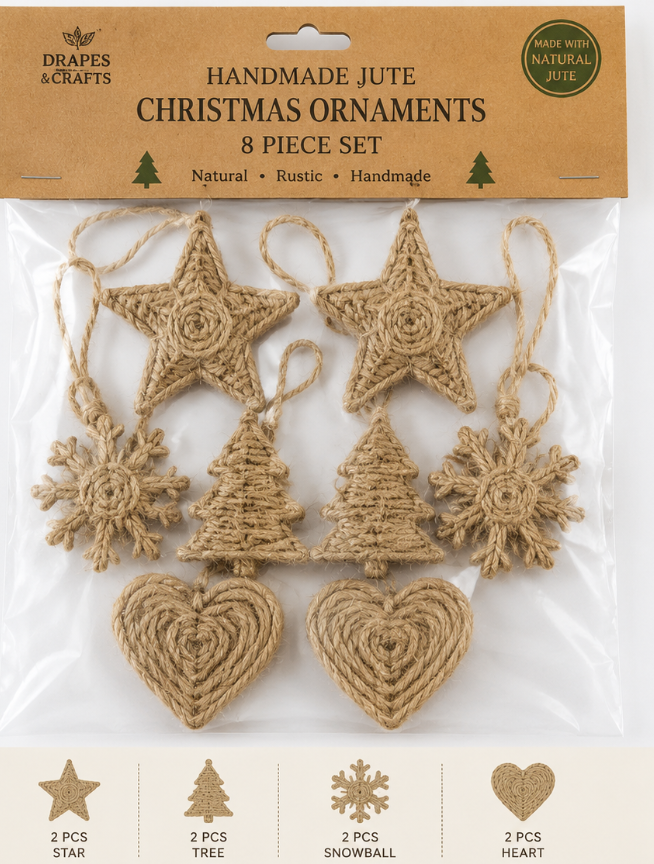 Natural Jute Christmas Ornaments – 8-Piece Handmade Set