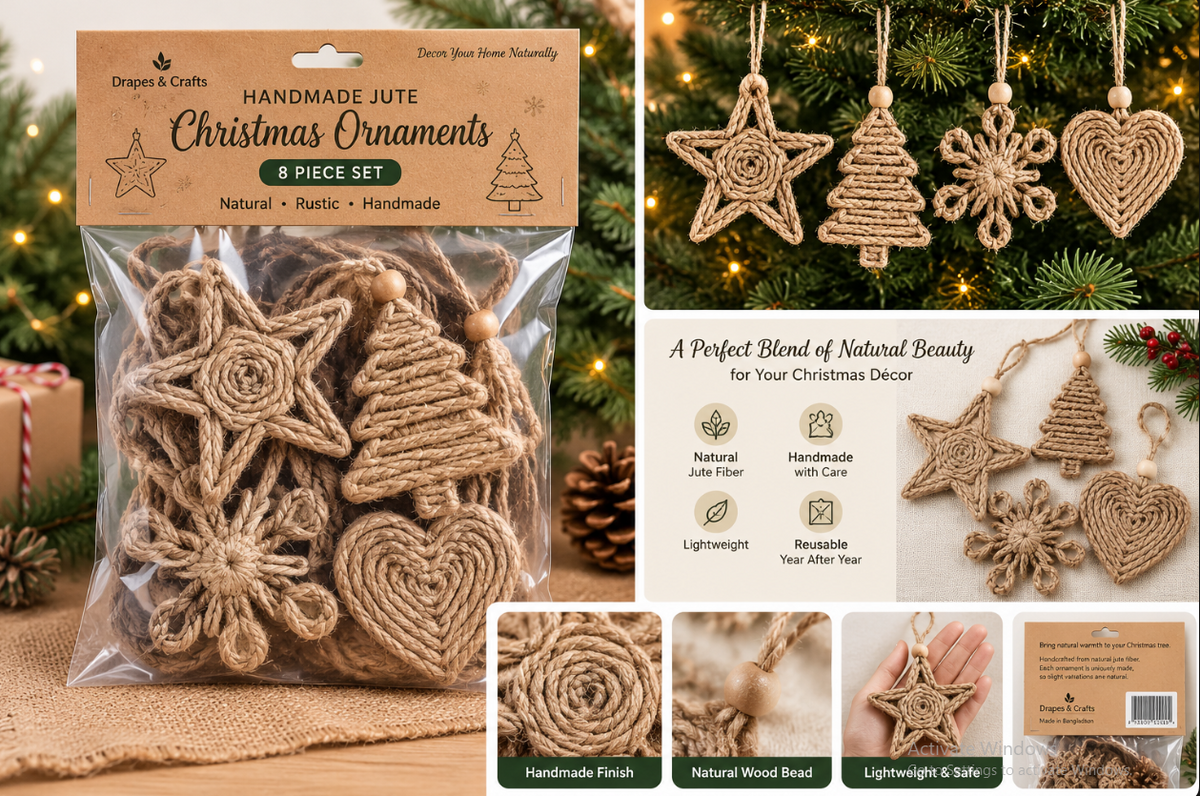 Natural Jute Christmas Ornaments – 8-Piece Handmade Set